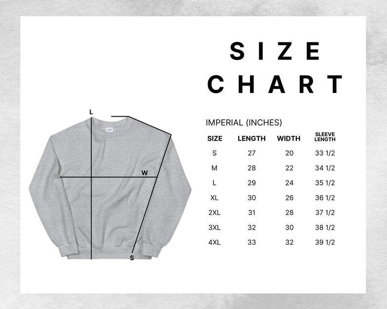 Size chart for crew neck sweatshirt