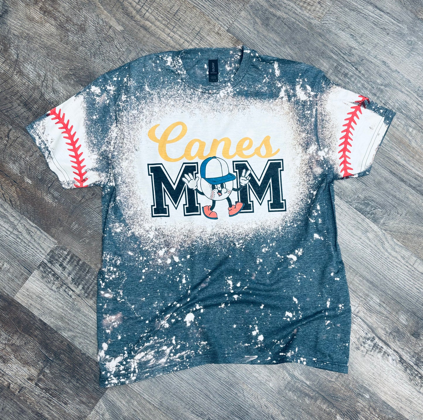 Custom baseball mom shirt bleached with red laced sleeves - retro baseball guy