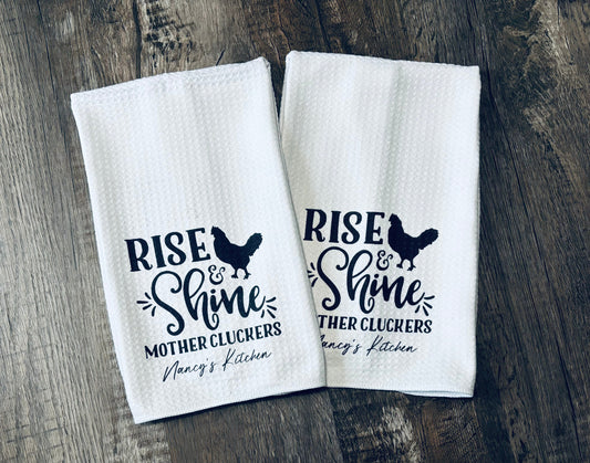 Rise Shine Mother Clucker Rooster Chicken Humor Kitchen Waffle Weave Kitchen Towel, Funny, Farm House, Inappropriate Humor, Gift