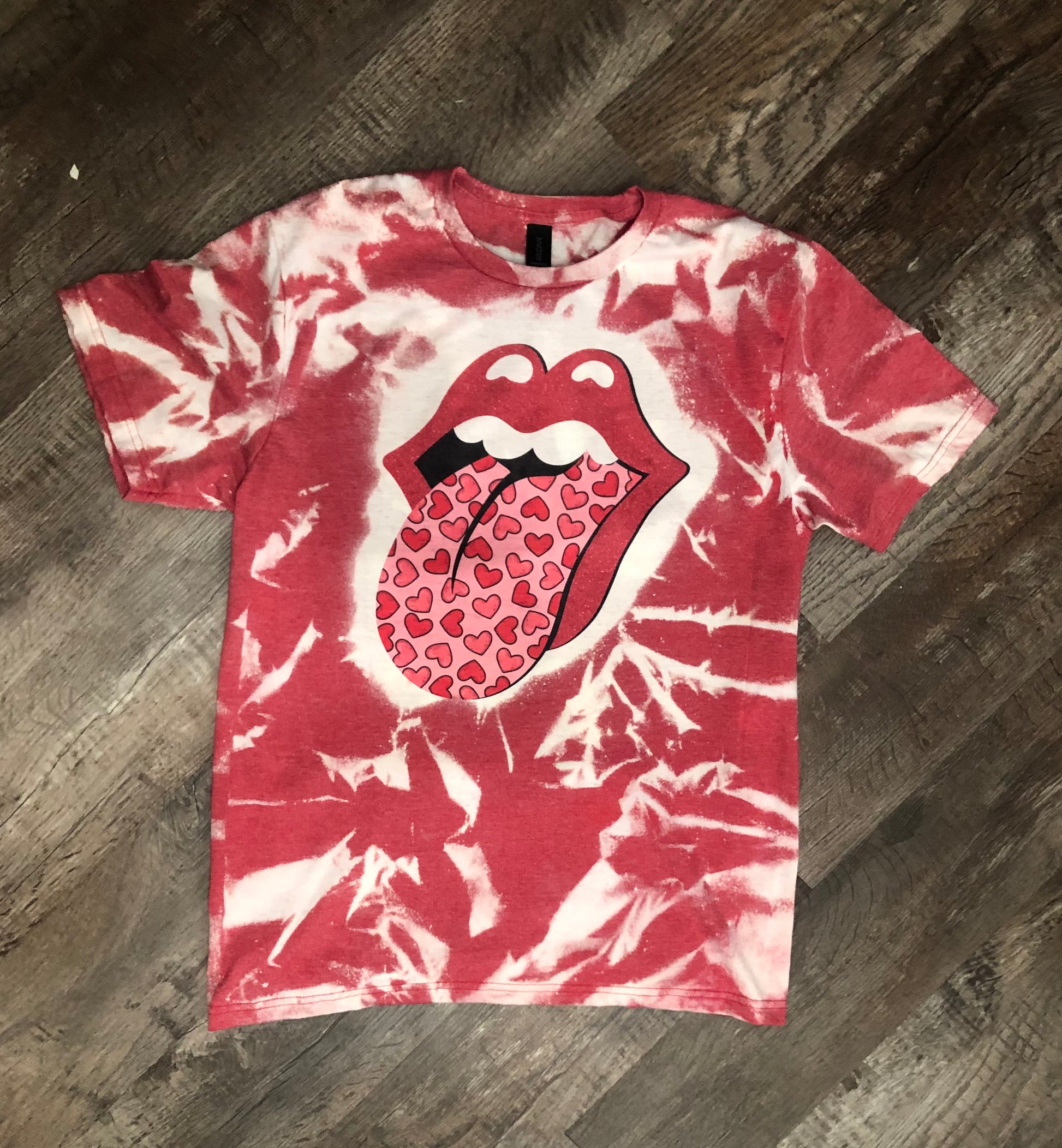 Valentine Tie Dye Stones Inspired shirt.  Candy hearts tongue, glitter effect red lips