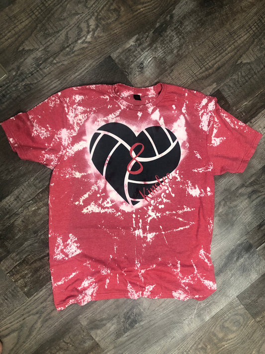 Custom bleached volleyball heart tee, personalized with player name and number.  Perfect for a volleyball mom