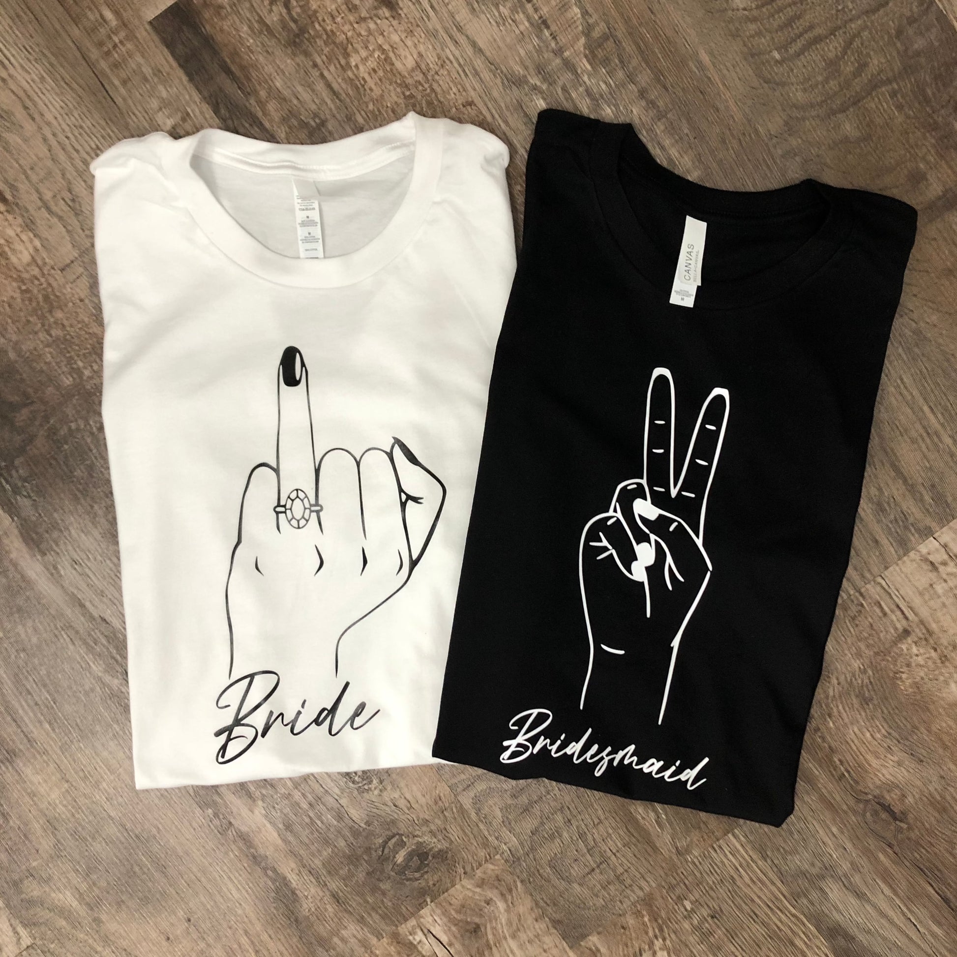 bride ringer finger and bridesmaids peace finger tees