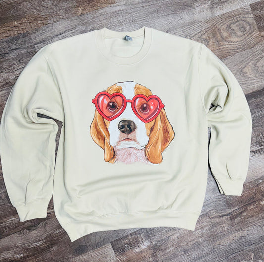 Valentine sweatshirt beagle dog wearing glasses 