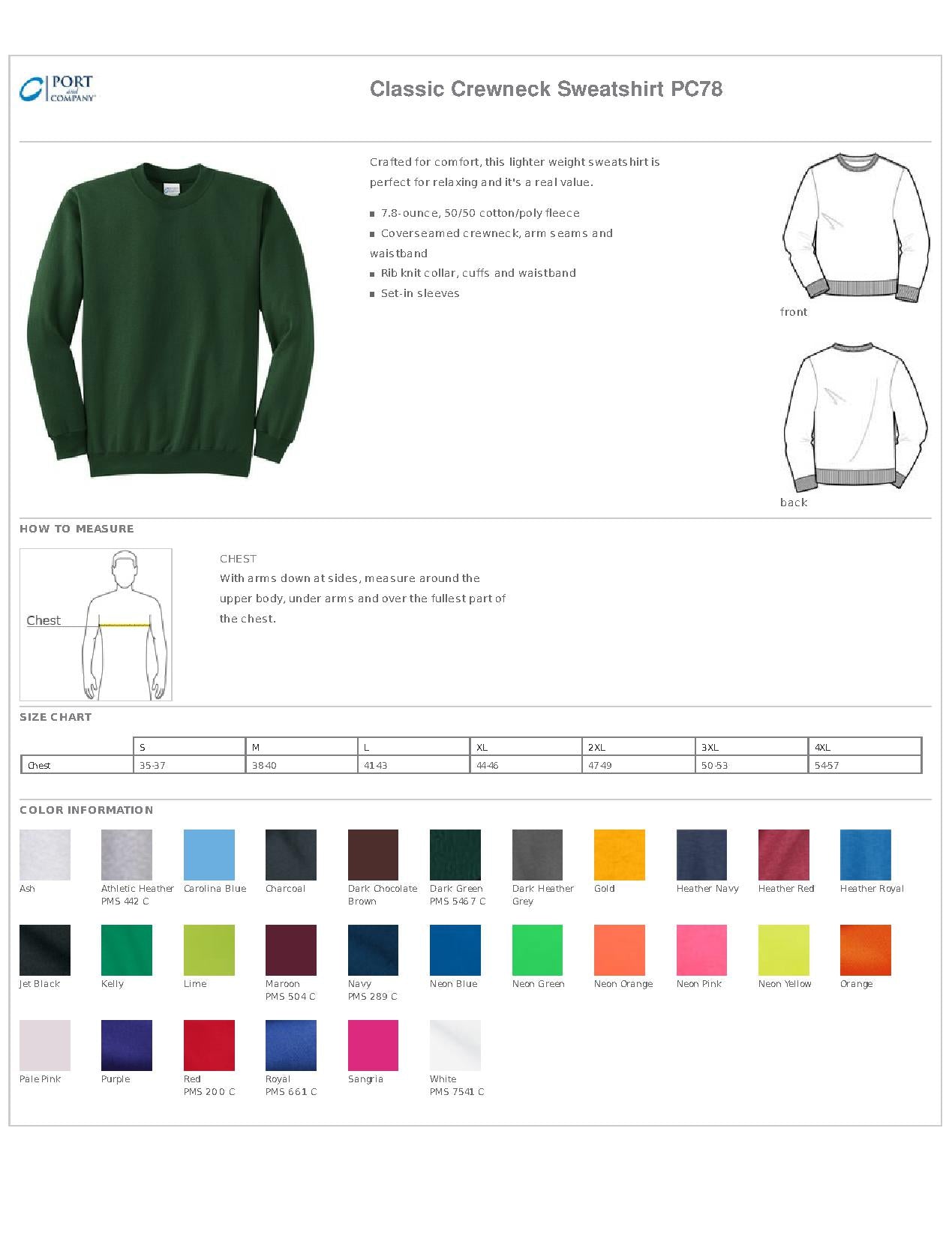 Size chart for pc78 sweatshirts