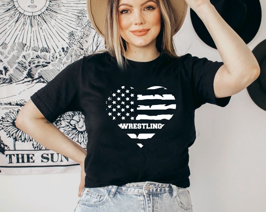 Wrestling Mom American Flag Heart Unisex Tee
