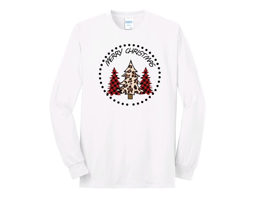 Merry Christmas Long Sleeve Shirt ~ Buffalo Plaid and Leopard Christmas Trees - Liv's Boutique