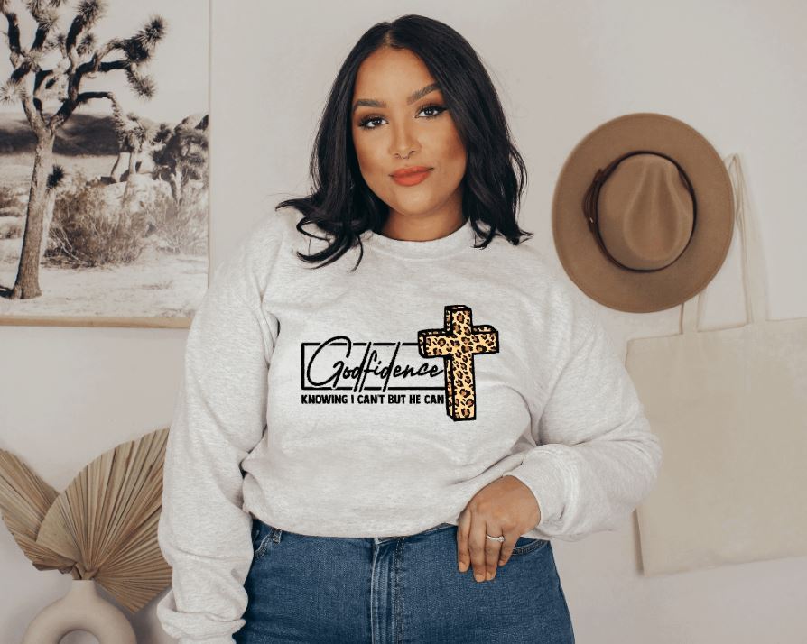 Godfidence, knowing I can't but he can crewneck sweatshirt with leopard cross