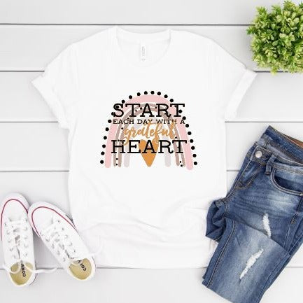 Start each day with a grateful heart shirt. Rainbow Design