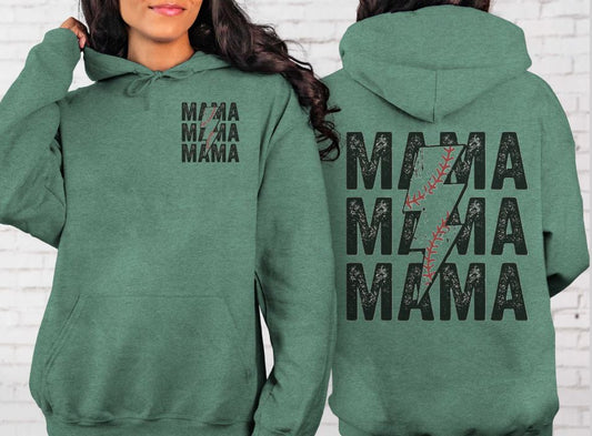 Baseball Lightning Bolt Mama Mama Mama hoodie.  Front crest and Full backside Design