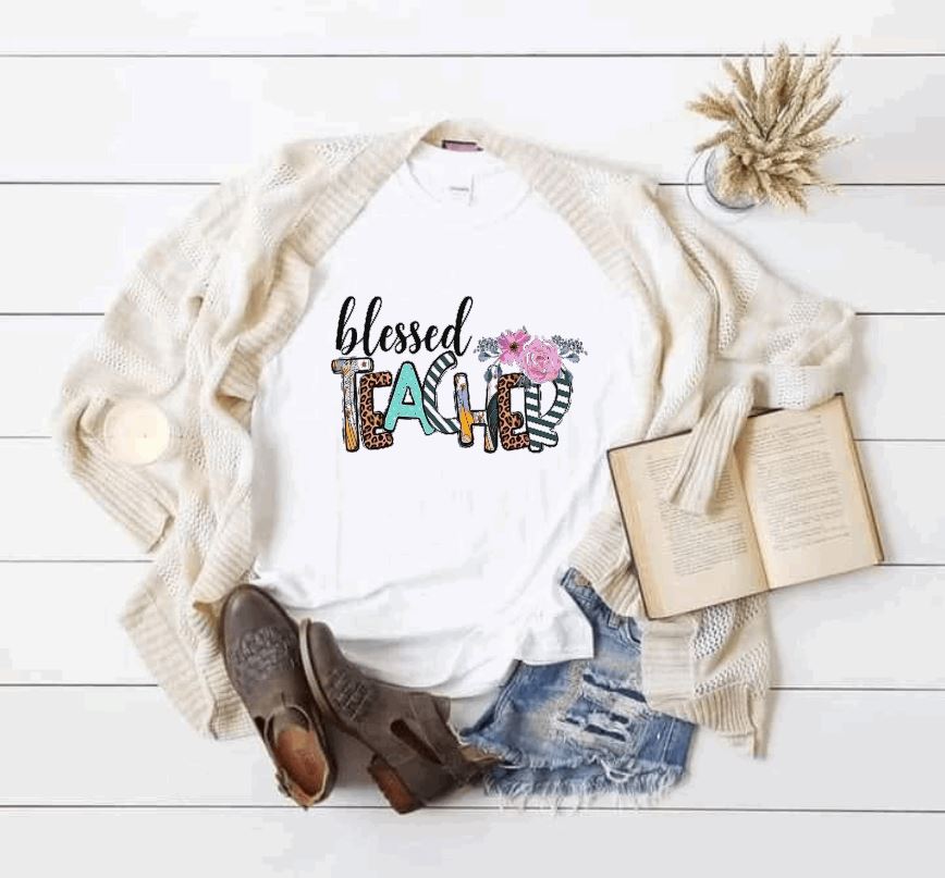 Teacher Blessed Teacher Tee - Teacher Shirts - Floral Teacher T-Shirt - Liv's Boutique