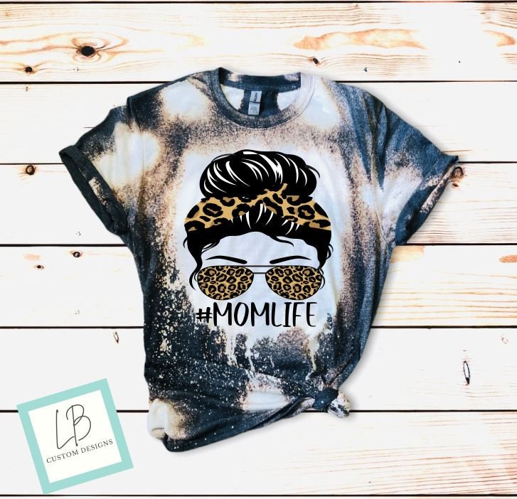 Leopard Messy Bun Mom Shirt Bleached - Liv's Boutique