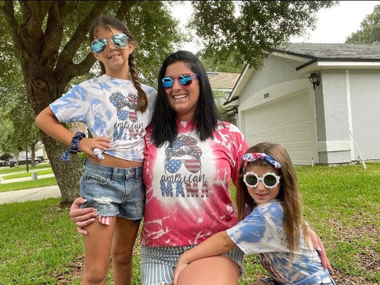 July 4th bleached Shirts for Women, American Mama Messy Bun - Liv's Boutique