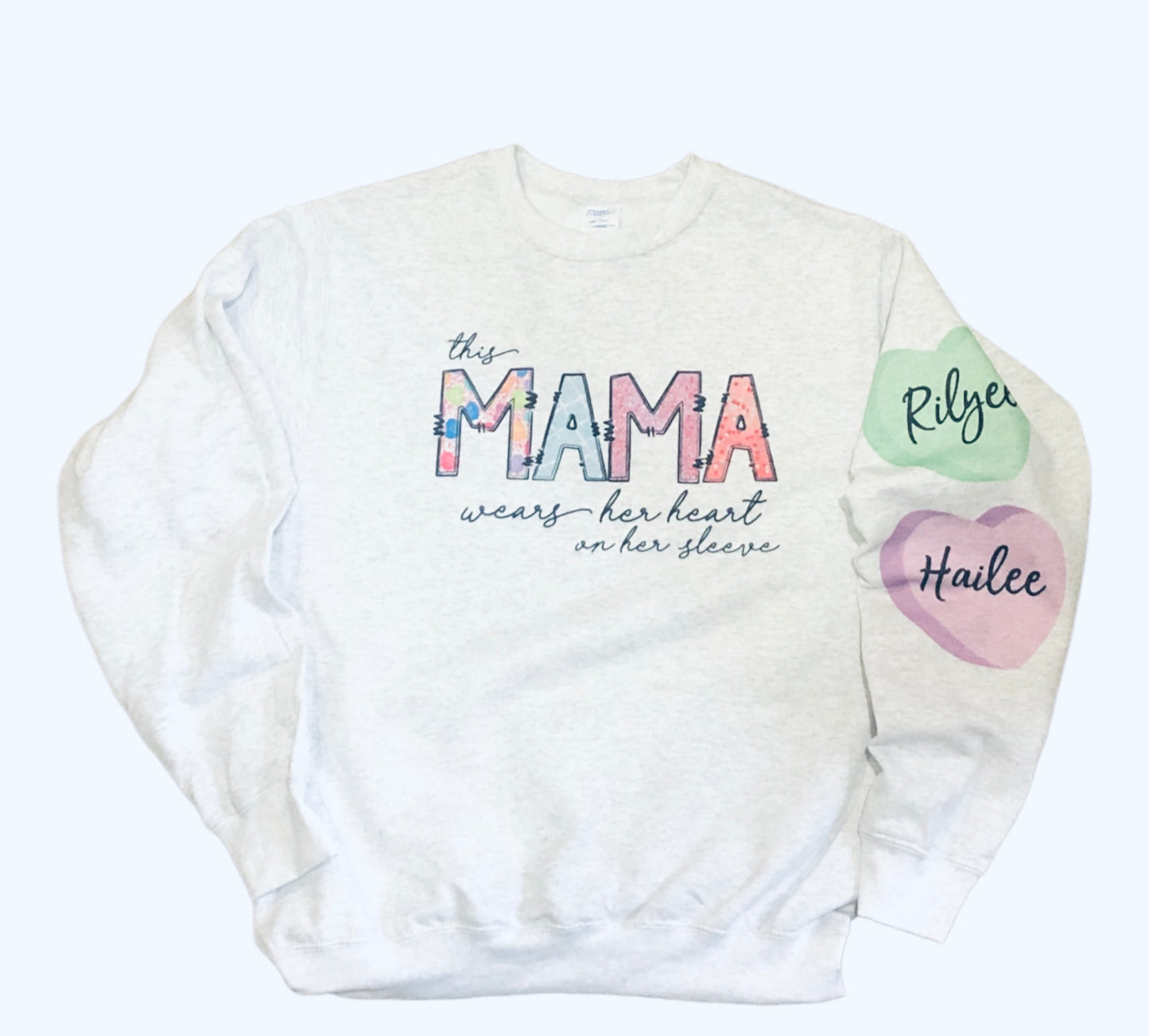 this mama wears her heart on her sleeve custom name candy hearts on sleeve