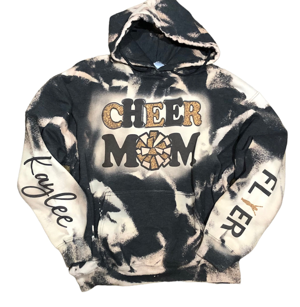 Cheer mom bleached hoodie with flyer and name on sleeves 